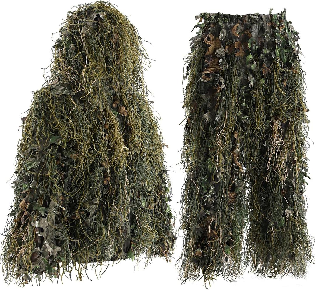 Ghillie Suit Gilly Hunting Suits Pants 3D Leaf Camo Camouflage Coveralls Youth Adult Lightweight Clothes for (Height 4.9 - 5.9 Ft)