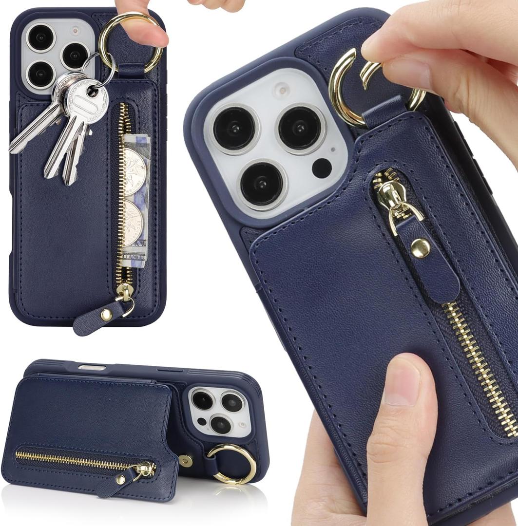 for iPhone 16 Plus case Wallet with Card Holder for Women Men Shockproof Phone case with Keychain Ring Stand Leather Zipper Credit Card Slots-Deep Blue