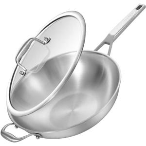 Inqibee 13 Inch Stainless Steel Wok with Lid, Induction Compatible Stir Fry Wok Pan, Long Handle & Helper Handle, Tri-Ply Construction, Works on All Stovetops, Oven & Dishwasher Safe