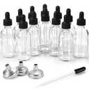 12 Pack, 2 oz Glass Eye Dropper Bottles w/ 3 Stainless Steel Funnels & 1 Long Pipette Dropper & 24 Labels - 60ml Clear Tincture Bottles for Essential Oils, Liquids - Leakproof Travel Essential Bottles