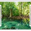 Fake Window Decal - 24"x16" Vinyl Wall Art | Tropical Forest Lake Scene Mural Sticker | Peel & Stick Removable Decor (Fw027)