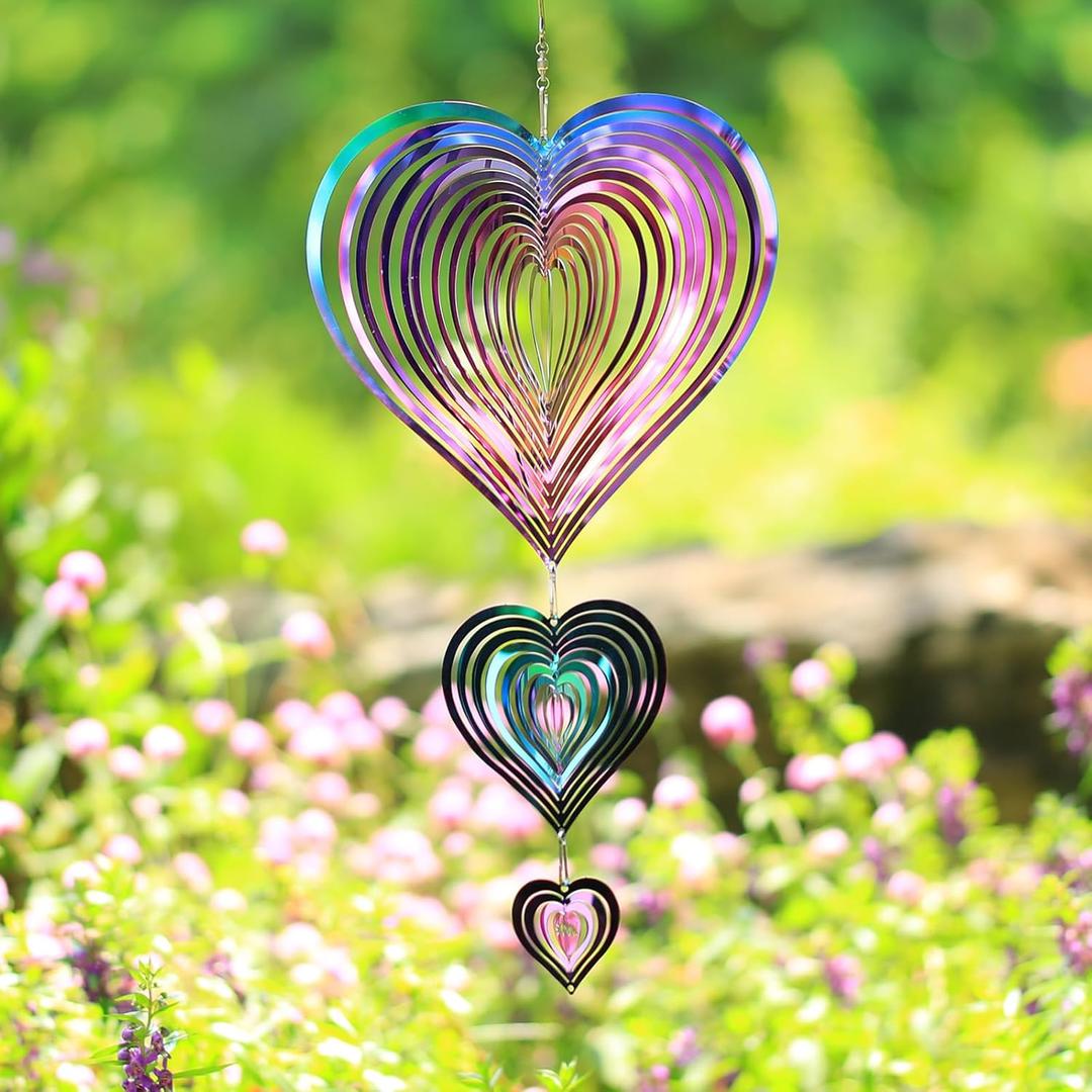 Wind Spinners Outdoor, Hanging Wind Spinners, Gradient Rainbow Color, Stainless Steel Metal, for Garden, Yard Dcor, Outside, Gifts for Women Mom Wife, 18 inches 3D Hearts String