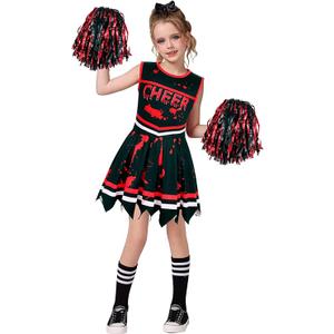 Zombie Cheerleader Costume for Girls Cheer Costumes Kids Halloween Scary Bloody Dress Accessories Set (Black, Large(9-10 Years))