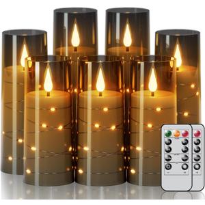 Flameless Candles with Remote Timer, Embedded String Lights Candles Acrylic Flickering, Battery Operated LED Pillar Candles, 7 Pcs Unbreakable, Black, 2.3x5/5/5/6/6/7/7 inches