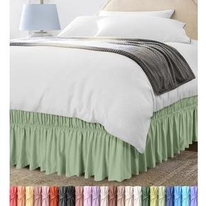 Wrap Around Ruffle Queen Size Bed Skirt – Adjustable Buckle & Elastic Belt for Easy Installation, 16 Inch Drop – Brushed Microfiber - Machine Washable, Fade and Wrinkle Resistant, Sage