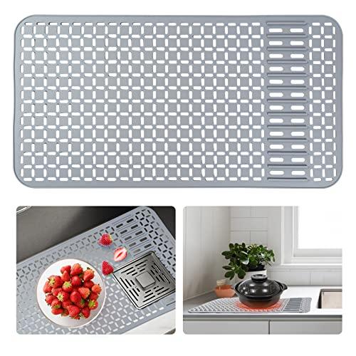 Silicone Sink Mat 26''x14'' Kitchen Sink Protector Mat With DIY Drain Hole, Grey Farmhouse Silicone Sink Mat Protector 1pcs Kitchen Sinks Accessories