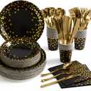 HOMIX 350 Pcs Black and Gold Plates and Napkins Party Supplies, Serves 50 Disposable Paper Plates, Napkins, Cups, Silverwares for Black and Gold Retirement Graduation Party Decorations