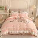 Girls Lace Bedding, Queen Comforter Cover Set, Chic Ruffled Duvet Cover with 2 Layers Ruffle,Princess Style 1 Duvet Cover with 2 Pillowcases, No Comforter-Pink,Queen Size