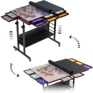 Tektalk 2000 Piece Foldable Puzzle Board with Height Adjustment, Jigsaw Puzzle Table with 2 Felt Cover & 8 Sorting Trays/Drawers, Puzzle Easel with Legs, Enclosed with 4 Roller Wheels - Black