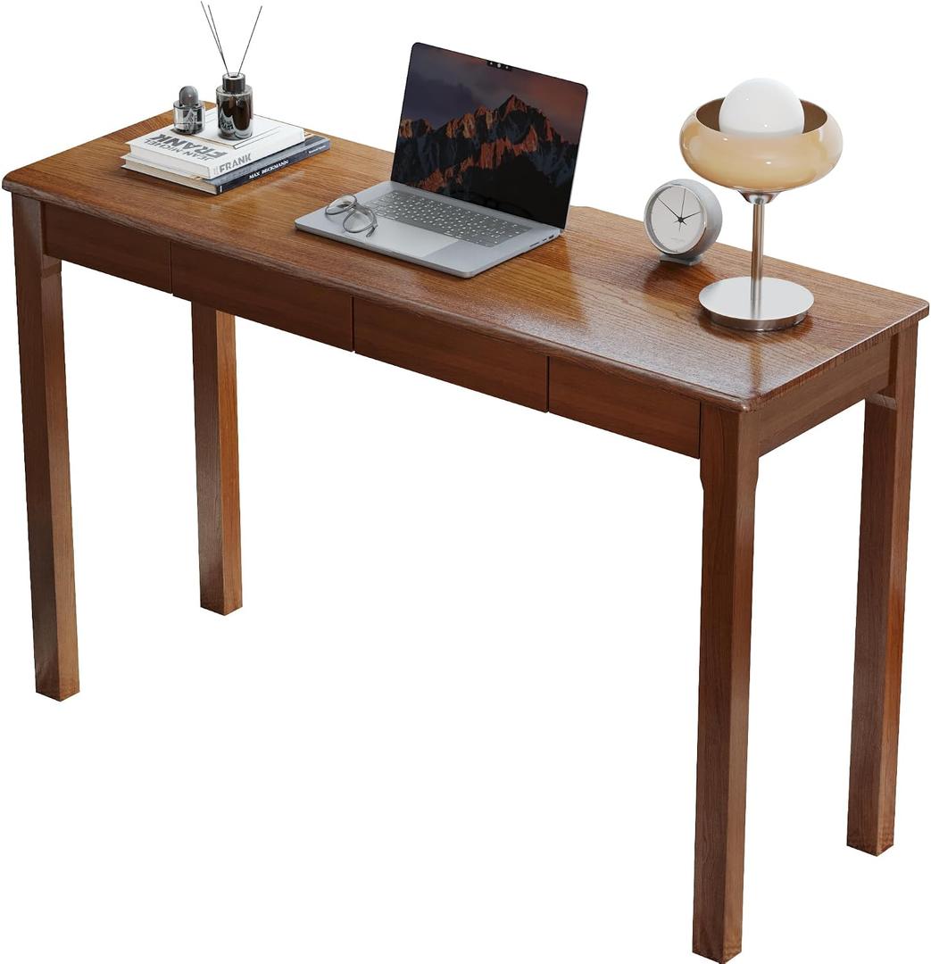 Solid Wood Desk with Drawers - 47 x 16 Inch Vintage Narrow Desks, Mid Century Modern Desks, Rubber Wood Study Table, Small Writing Desk for Bedroom|Small Spaces - Walnut Color, 47.2 in W x 15.7 in D