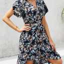 Womens Wrap V Neck Short Sleeve Dress 2025 Summer Floral Boho Dress Ruffle A Line Flowy High Low Midi Dresses (Blue, S)