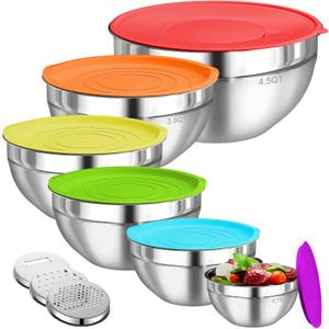 Mixing Bowls with Lids Set, 6 PCS Stainless Steel Mixing Bowls with 3 Grater Attachments, Kitchen Food Organizers Nesting Mixing Bowl, Large Size 4.5, 3.5, 2.1, 1.5, 1.1, 0.7QT-Colorful (Multicolor)