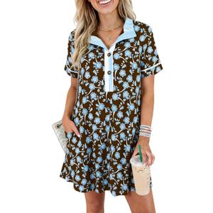 Wenrine Womens Floral Mini Dress Casual Short Sleeve Collared Button Down Summer Beach Vacation Dresses Brown (Brown)