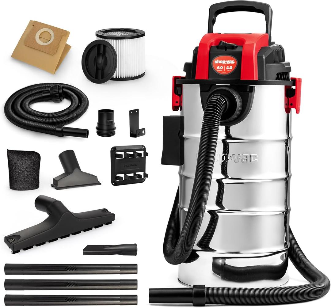 Shop-Vac 6 Gallon 4.0 Peak HP Wet/Dry Vacuum, Wall Mountable Compact Shop Vacuum with Up to 20 ft Extra Long Hose & Accessories - Ideal for Jobsite, Garages, Car & Workshops