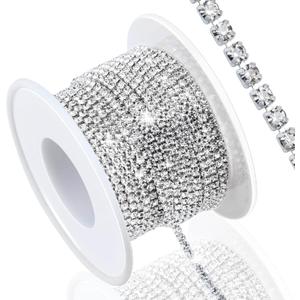 Dowarm 10 Yards 2MM Crystal Rhinestone Close Chain Trim for Sewing Crocs Shoes Clothes Cups, SS6 Claw Rhinestone Chain for Craft Jewelry Wedding Bouquet DIY Decoration, Silver (Silver Base with Clear Rhinestone)
