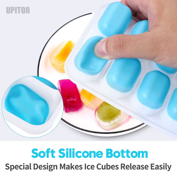 UPITOR Ice Cube Tray,4 Pack Silicone Ice Cube Trays with Removable Lid – Flexible and Effortless Release,Easy-Release Flexible 14-cube Ice Trays for Freezer, Cocktail (Blue)