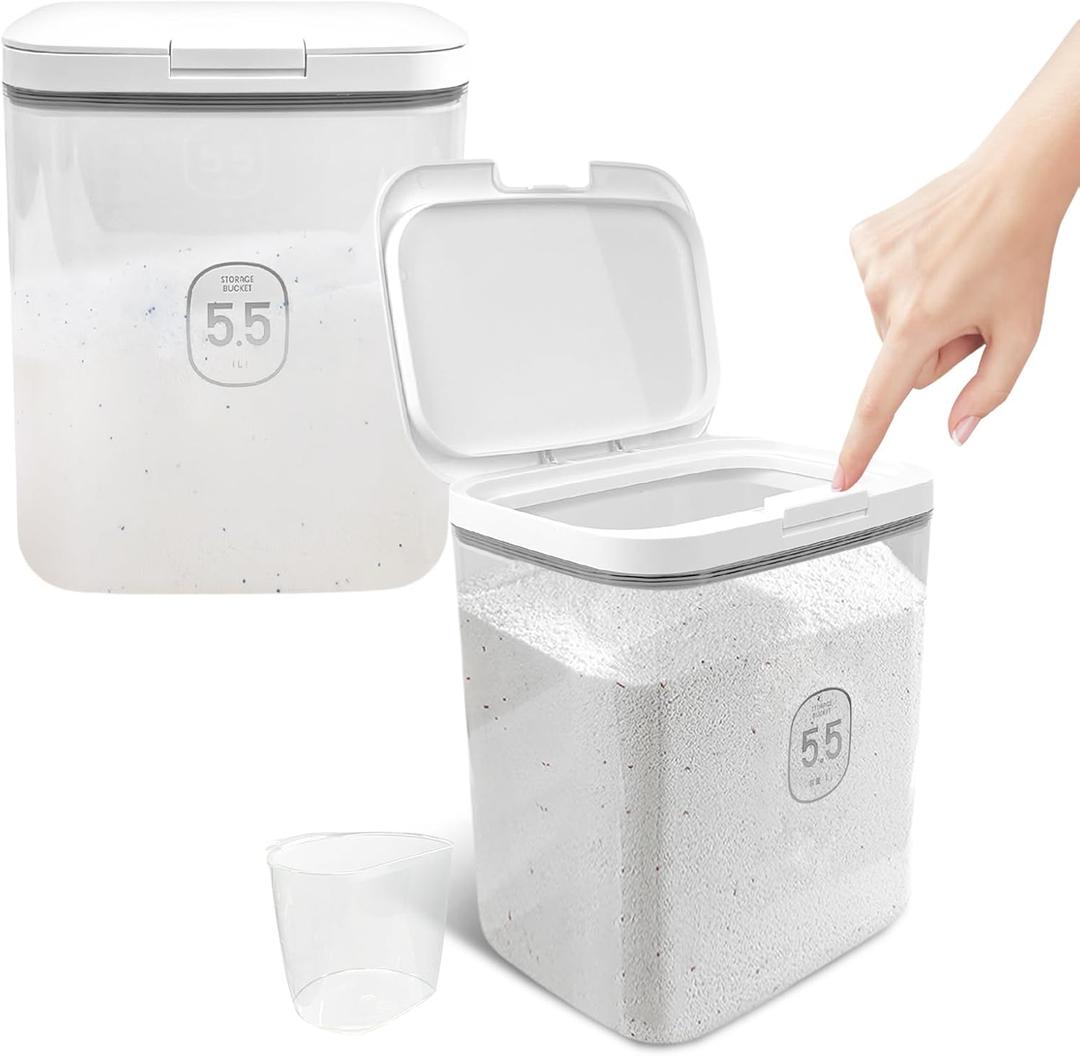 2 Pack 5.5L Laundry Detergent Dispenser with One-Press Lid, Laundry Powder Container for Laundry Room Organization and Storage Pod and Airtight Dishwasher Pod Holder for Bead Powder