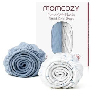 Momcozy Muslin Fitted Mini Crib Sheets, 38''x26'', 2 Pack Soft Breathable Natural Cotton Baby Mattress Sheet, 360 Mattress Wrapping No Slip Boys Girls Neutral Toddler Bed Sheet, Blue Star Moon