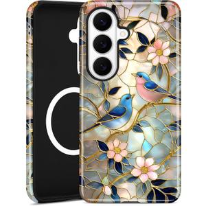 Compatible with MagSafe Case for Samsung Galaxy S21 Plus, Cute Aesthetic Stained Glass Flower Bird Magnetic Design Phone Case, Soft TPU and Hard PC Protective Phone Cover for Women Girls