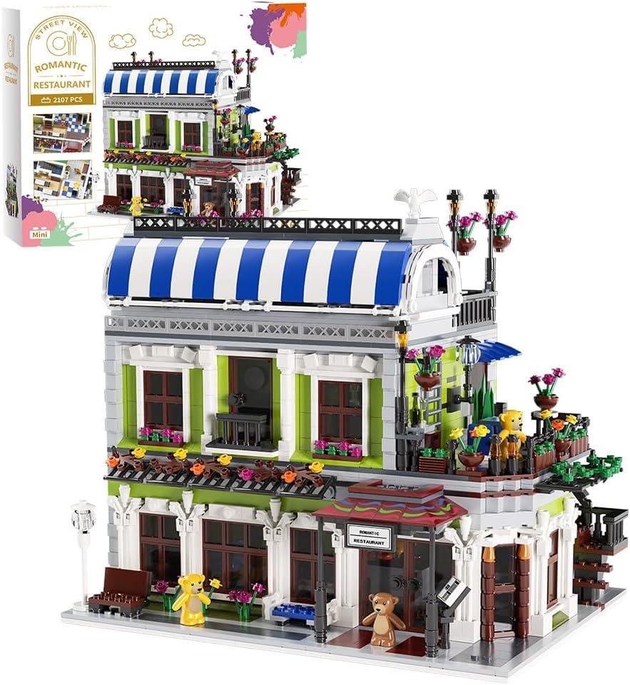 NETEHU Romantic Restaurant Building Toys, Flowers City Hotel House Building Kit with Bear Mini Bricks, City Street House Construction Toys, 2107Pcs Mini Bricks
