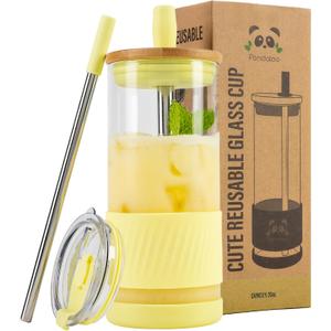 Pandaloo Glass Cups With Lids and Straws -20 Fl Oz- Perfect Size Iced Coffee Cup - Smoothie Cup With Bamboo Lid and On the go Lid (Sunny Lime, 1 Count (Pack of 1)