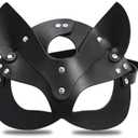 Cat Woman Eye Cover for Adults Women, Black Faux Leather Cat Ear Headpiece with Adjustable Strap, Halloween Cosplay Masquerade Costume Accessory for Party and Roleplay Outfits