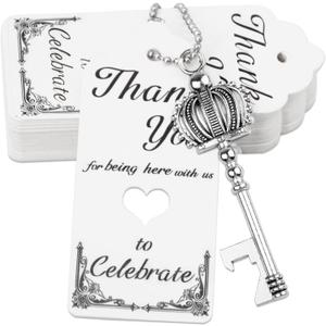 100 Pcs Key Bottle Opener Wedding Party Favors, Crown Skeleton Keys for Birthday Anniversary Party Gifts for Guests with Keychain and Thank You Cards (Silver)