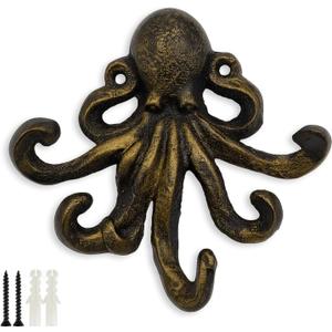 Octopus Cast Iron Wall Hook  Nautical Decorative Key Holder, Coastal Ocean Theme Animal Hook for Entryway, Bathroom, or Bedroom, Heavy Duty Antique Bronze