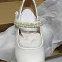 Coutgo Girls Mary Jane Dress Shoes Girl Flower Shoes Bow Pearls Ballet Flats Princess Wedding Shoes (White), 2Y