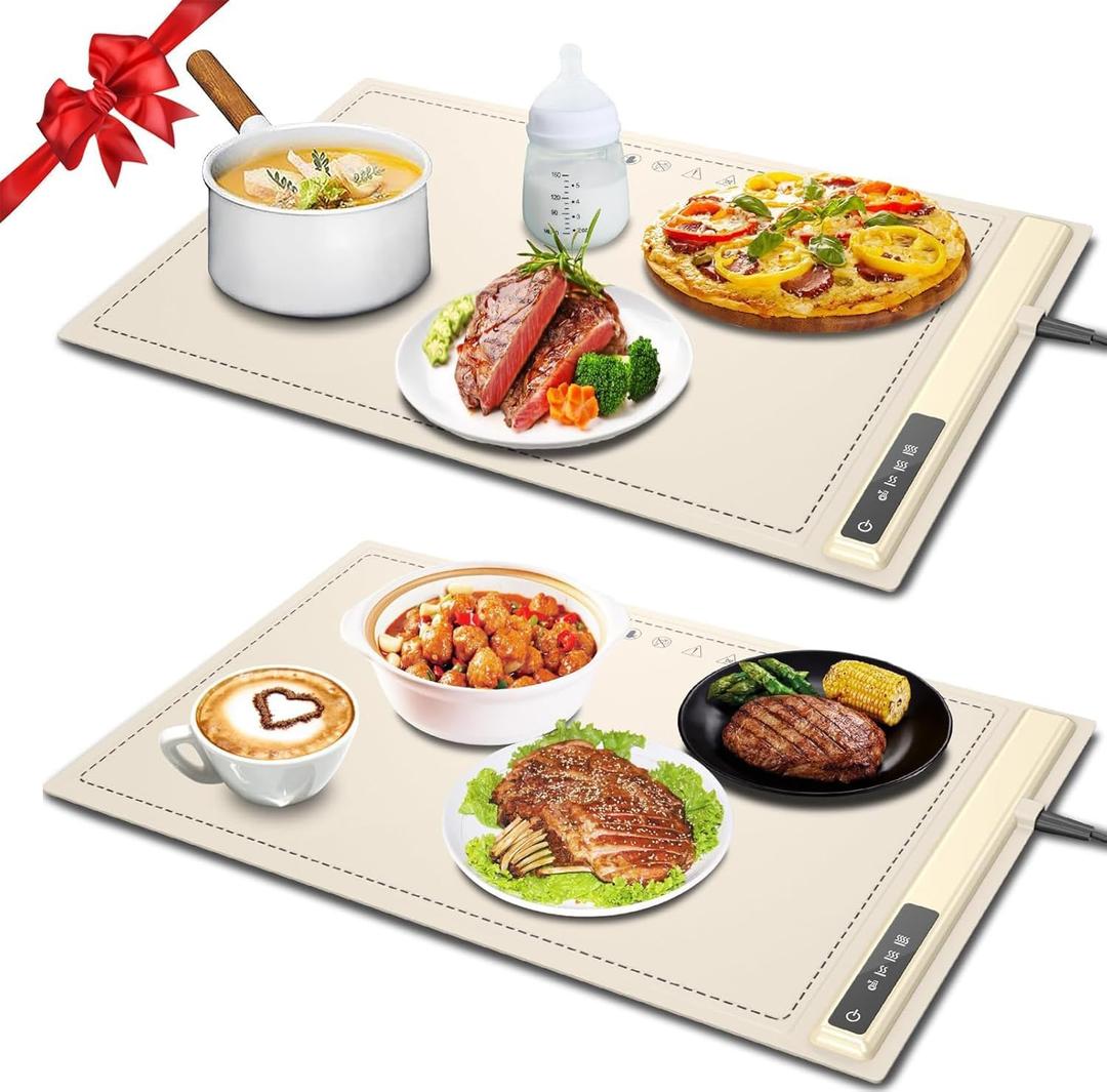 Electric Warming Tray-Kitchen Gadgets Portable Food Warmer, Foldable Roll Up Silicone Food Warming Mat with 3 Temperature Settings, Versatile Food Warmers for Parties Buffet (Beige-2Pack)