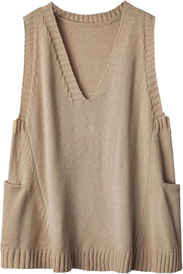 SOLY HUX Women's V Neck Sweater Vest Sleeveless Knit Pullover Tank Top with Pockets Pure Khaki Medium