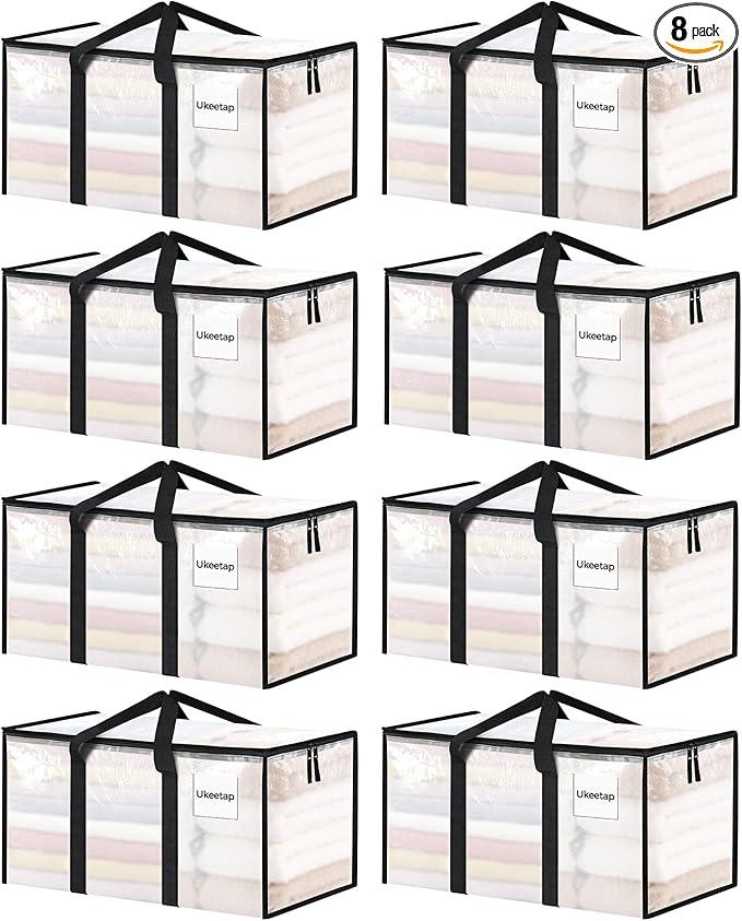 8 Pack Extra Large Heavy Duty Moving Bags, Clear Storage Bins with Lids, Reinforced Handles & Heavy-Duty Zippers Moving Boxes Storage Bags Totes for Clothes Packing, Dorms, College Supplies, Clear
