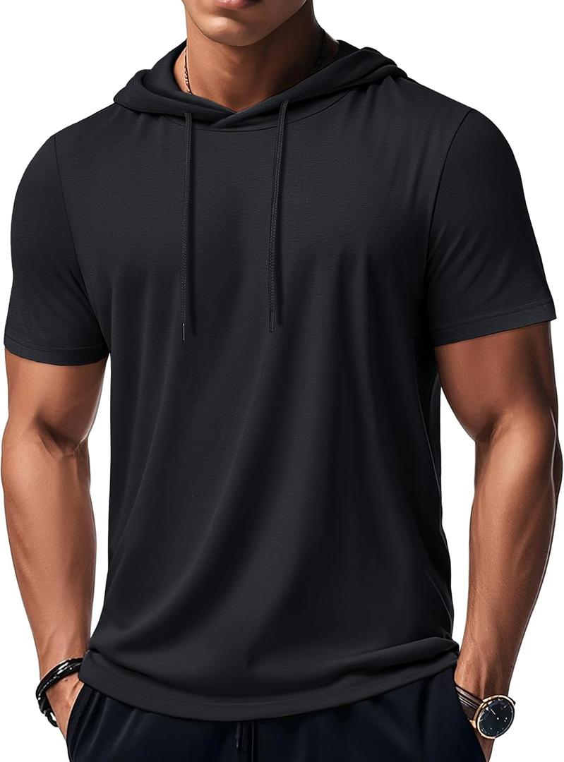 MAGCOMSEN Men's Short Sleeve Hoodie Workout Gym Athletic Cotton Lightweight Hooded T Shirts Sweatshirt (XX-Large, Black)