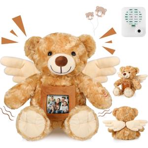 Leyndo 12 Inch Angel Remembrance Bear Plush Stuffed Animal with Recorder Soft Plush Animal Toy with a Picture Frame for Baby Shower Birthday Party Wedding Gift(Brown)