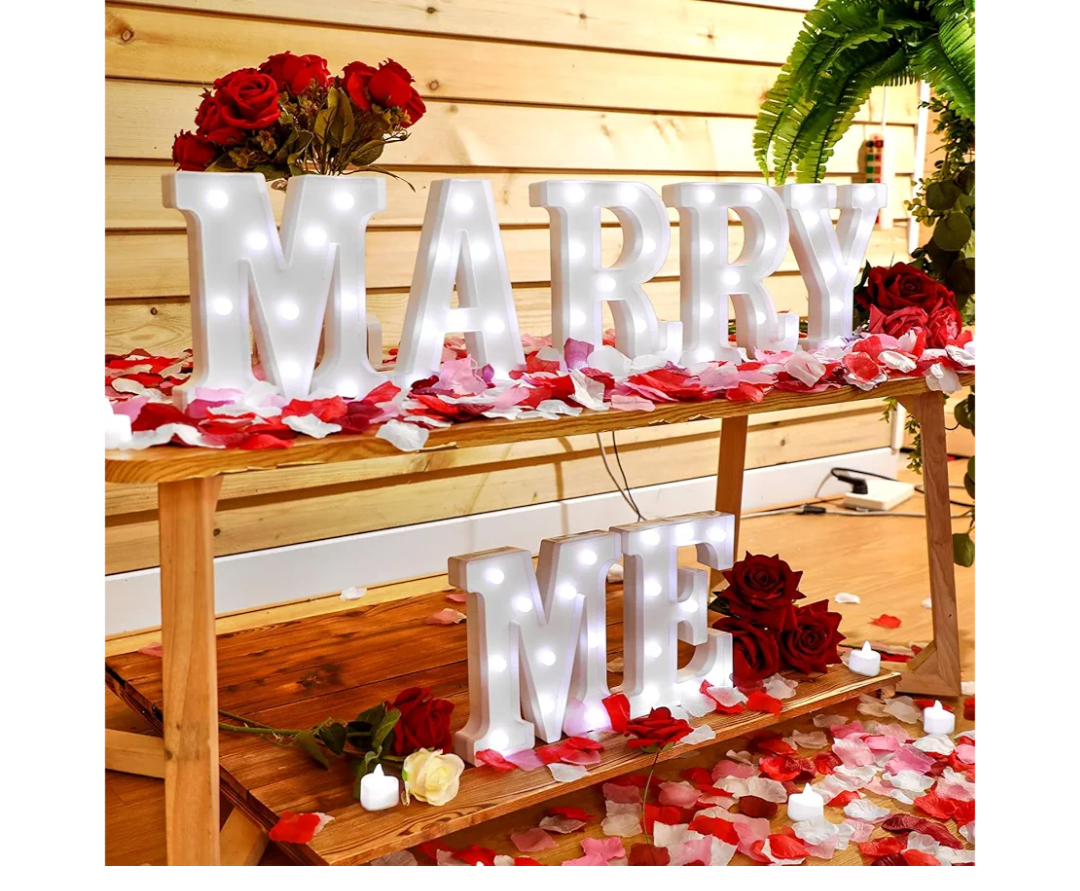 Roowest Marry Me Letters Light Proposal Decorations Set Includes 7 LED 6.3" x 5.5" Romantic Marry Me Sign and 1000 Rose Petals for Proposal Engagement Wedding Decor(White Light, Multicolor