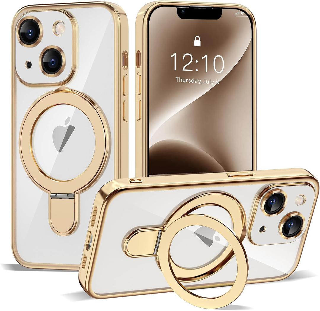 Compatible with iPhone 14 Case with Invisible Magnetic Ring Stand [Compatible with Mag-Safe] [Full Camera Lens Protector] Plating Clear Phone Case for iPhone 14 6.1", Gold