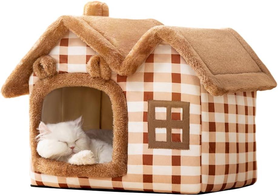 Cute Bear Pet Nest Luxury Double Roof Indoor Dog House Winter Cat Nest Foldable Warm Soft Kennel Cozy Cat House with Removable Cushion Pillow and Non-Slip Bottom (M:17.3*14.2*15.4IN)
