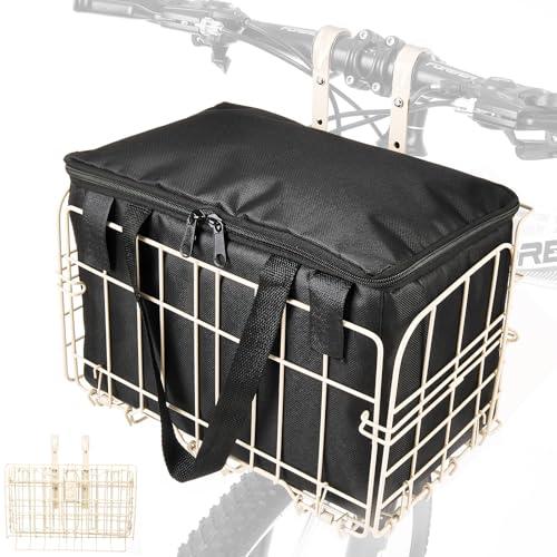 Zacro Bike Basket Front White, Folding Bicycle Basket with Removable Liner Bag, Large Quick Release Design Metal Ebike Basket for Adult Women/Men Carrying Dogs, Pets, Fruit & Grocery