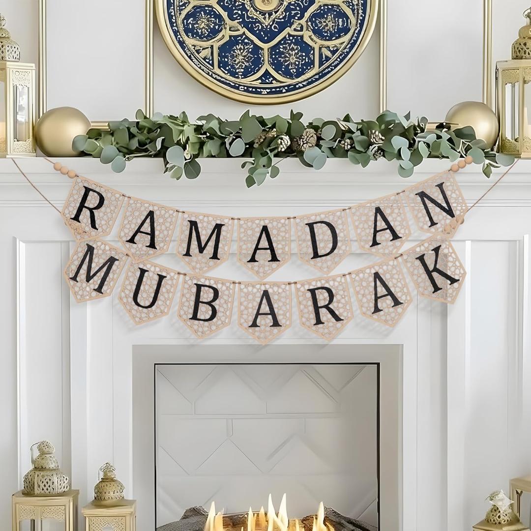 2 Pcs Ramadan Mubarak Banner, Wooden Eid Ramadan Mubarak Decorations with Rustic Beads, Muslim Party Decor for Home, Mantel, Fireplace, Indoor or Outdoor Celebration (Black Letters)