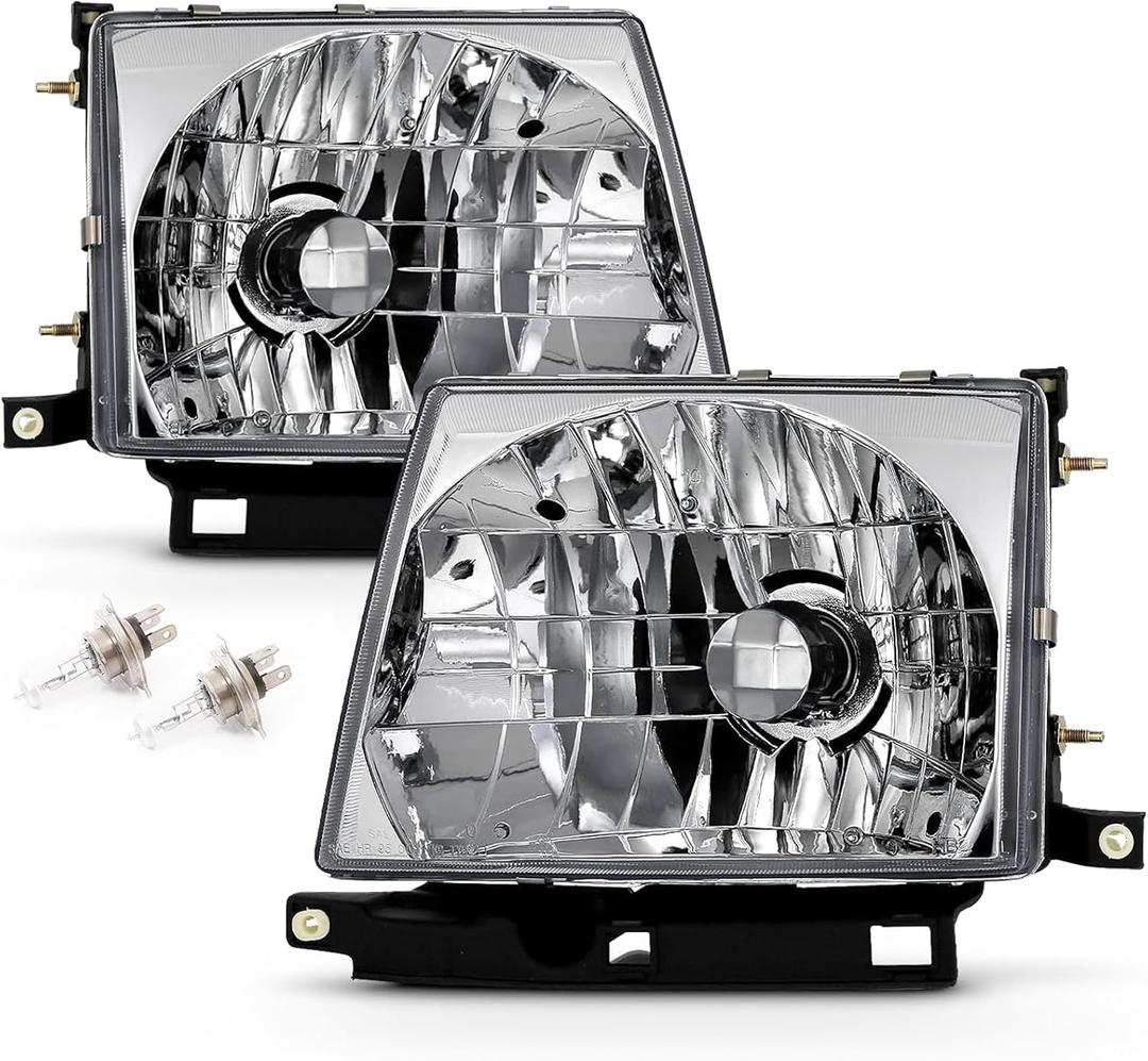 For 1997 1998 1999 2000 Toyota Tacoma Headlight Headlamp Assembly Compatible with 97-00 Toyota Tacoma Head Lights Replacement L+R Chrome Clear w/Bulbs