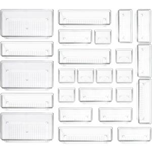 Clear Plastic Drawer Organizer Storage - 25Pcs 4 Size Desk Bathroom Kitchen Organizers and Accessories Office Organization, Vanity Stackable Drawers Bins Trays Containers Dividers Makeup Sets