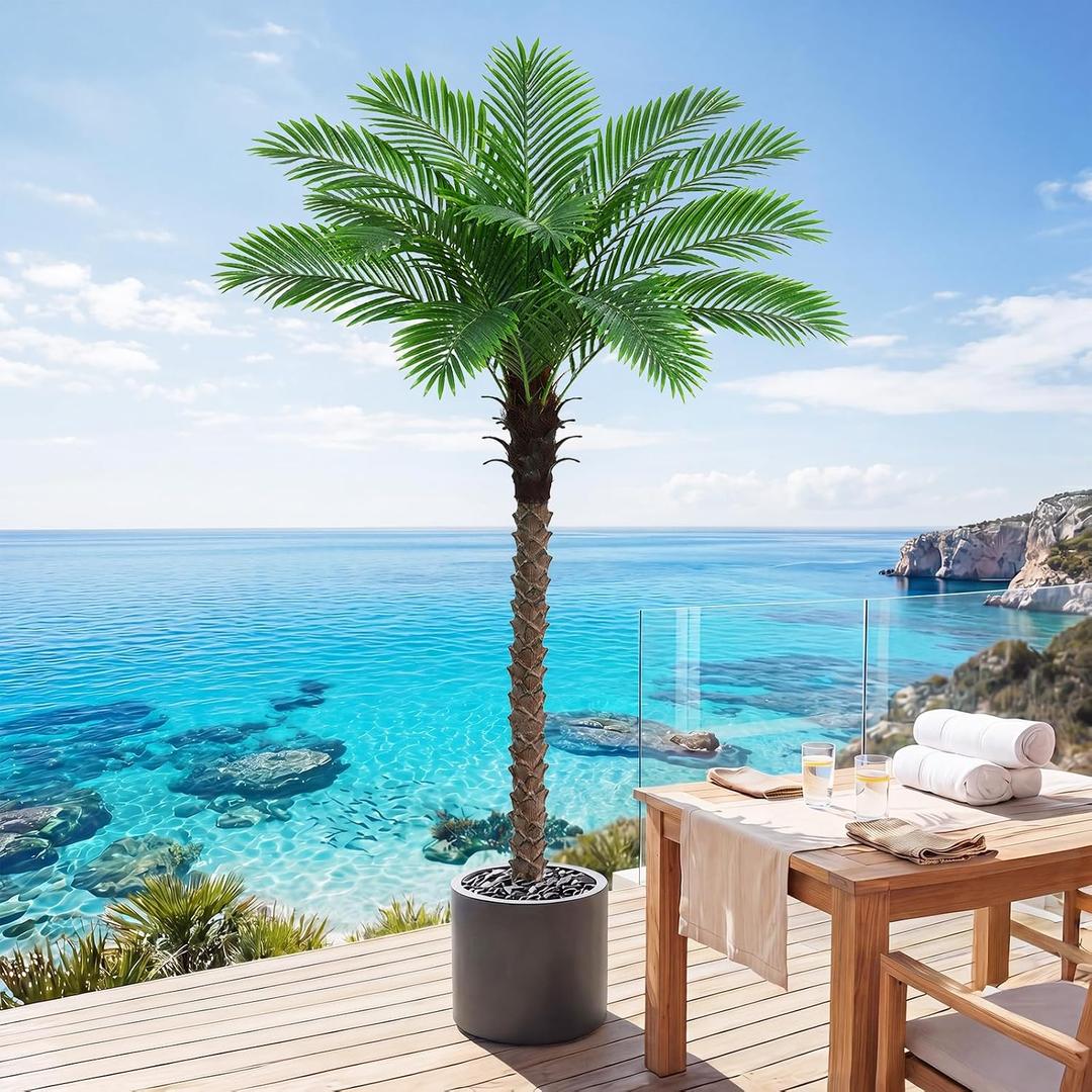 6FT Artificial Phoenix Palm Tree for Outdoors, UV Resistant Fake Coconut Silk Palm, Large Faux Tropical Tree for Outside Patio Poolside Home Office Indoor Decor, Black Pot Included