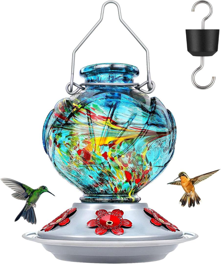 BOLITE Hummingbird Feeder, Hand Blown Glass Hummingbird Feeders for Outdoors Hanging, Ant Moat, 5 Bee-Proof Ports, Leak-Proof, 360 Perch, 22oz, Blue Peony Gifts for Women Men, Gifts for Mom Dad