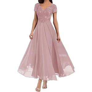 Mother of The Bride Dresses Tea Length Lace Appliques Chiffon Short Sleeve V Neck Formal Evening Dresses for Women (16, Dusty Rose)