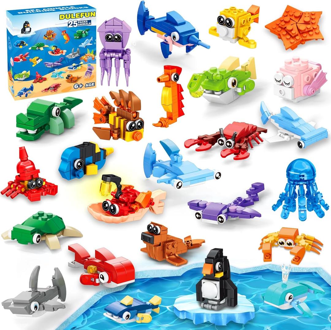 DULEFUN 25pcs Building Blocks Bricks Party Favors Toys for Kids Marine Animals Block for Classroom Prizes Birthday Gift Halloween Christmas Valentine Easter Favor for Boy Girl Ages 6+