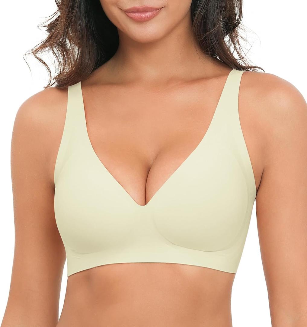 Deep V Bras for Women No Underwire Wireless Push Up Bra Seamless Plunge Bralette Comfort Supportive Full Coverage (Yellow, XXXL)