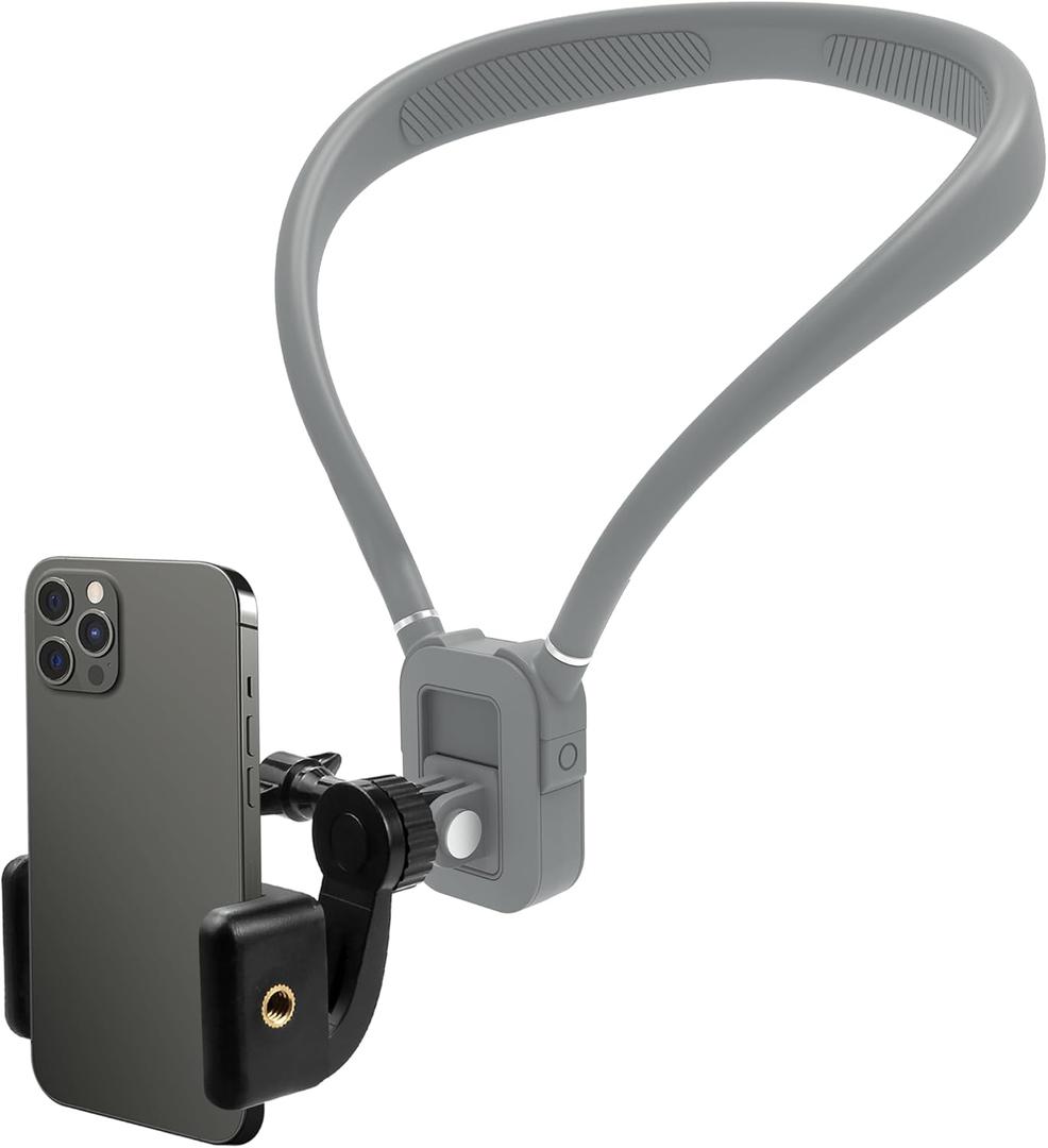 Premium Neck Phone Holder for Recording, Neck Mount Hands Free POV/Vlog Video Filming, Cell Phone Neck Holder for iPhone Android and GoPro DJI Insta, 360 Action Camera (Gray)