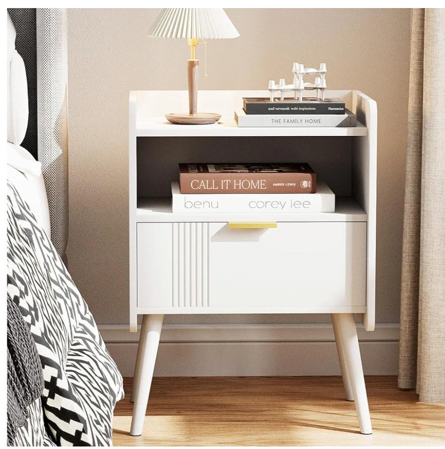 Night Stand Modern End Table with Storage Drawer and Open Shelf, Small Bedside Table, Wooden Sofa Side Stand for Bedroom,Study Room and Small Spaces (White)