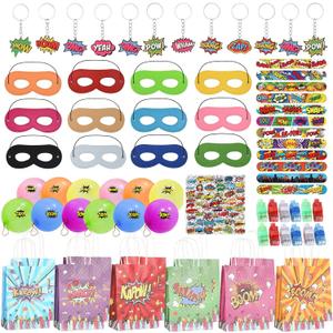122 Pcs Hero Party Favors - Hero Mask Slap Bracelets Keychains Stickers Punch Balloons Finger Lights and Gift Bags Party Supplies Birthday Decorations