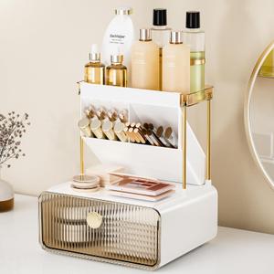 2-Tier 1-Drawer Bathroom Counter Organizer, Multi-Purpose Makeup Organizer Countertop, Ideal for Present, Easy to Install, Suitable as Bathroom Organizers and Storage, Amber